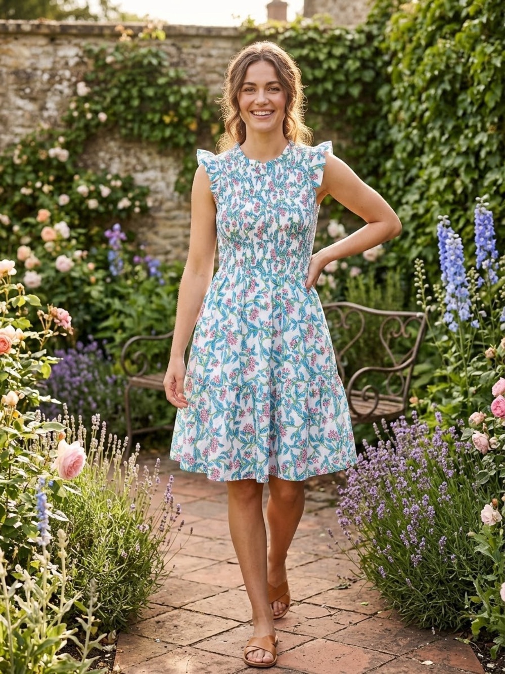 Womens Cotton Floral Smocked Ruffle Knee Length Dress Size xS White Blue Pink